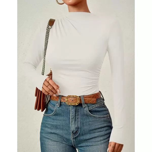 imageZESICA Womens Long Sleeve Tops Mock Neck Ruched Tight Shirts 2024 Fall Trendy OutfitsWhite