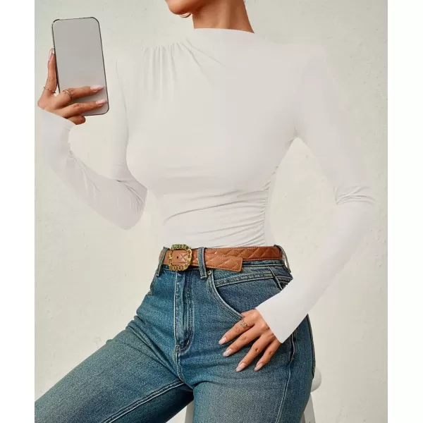 imageZESICA Womens Long Sleeve Tops Mock Neck Ruched Tight Shirts 2024 Fall Trendy OutfitsWhite