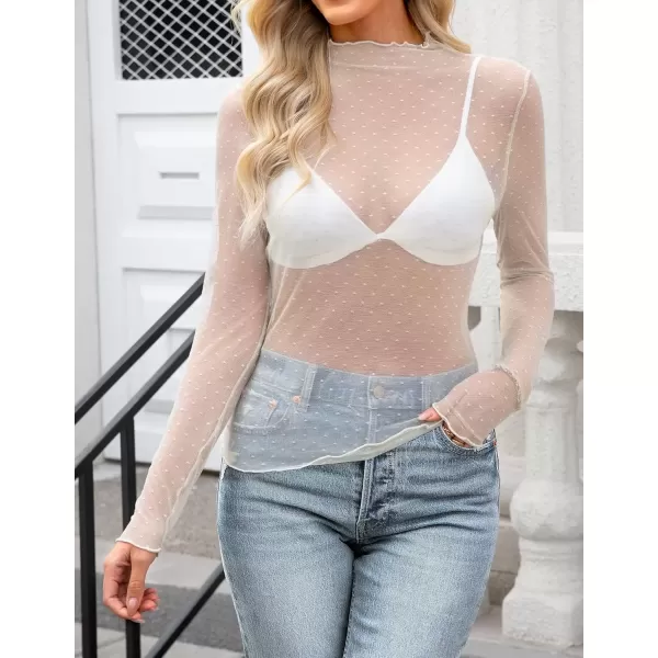imageZESICA Womens Mesh Sheer Lace Top Long Sleeve Mock Neck See Through Polka Dot Slim Tee Shirt BlouseApricot