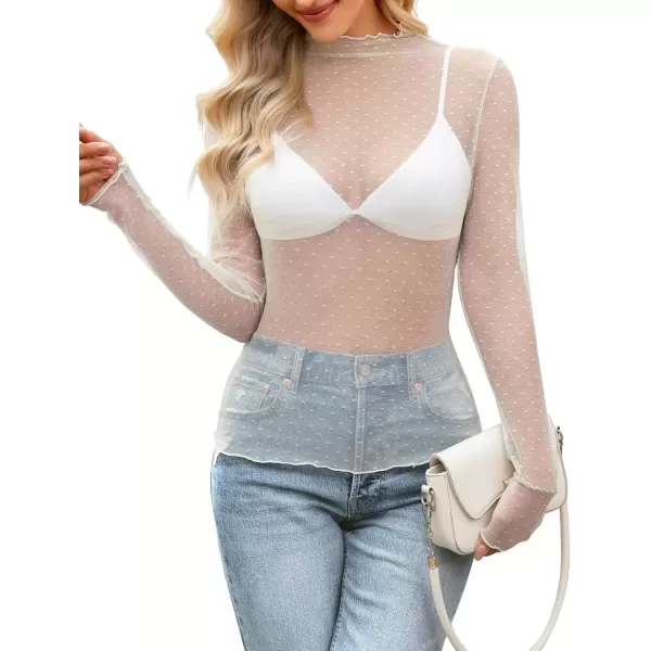 imageZESICA Womens Mesh Sheer Lace Top Long Sleeve Mock Neck See Through Polka Dot Slim Tee Shirt BlouseApricot