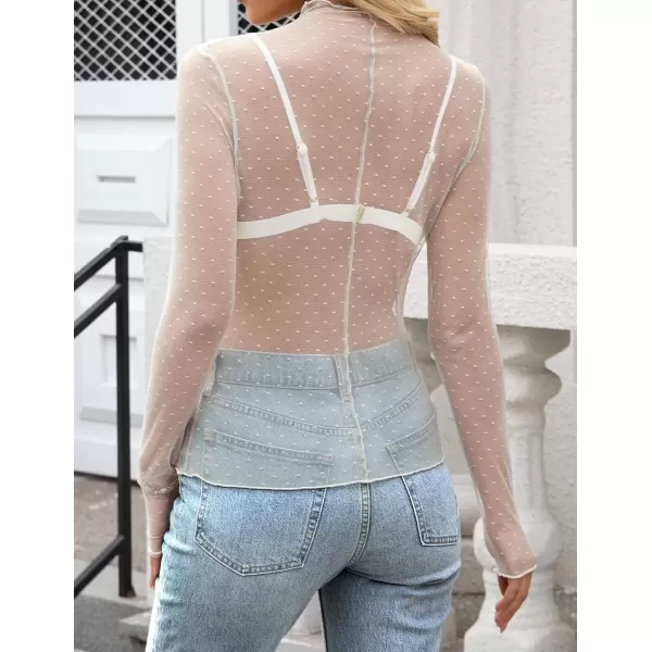 imageZESICA Womens Mesh Sheer Lace Top Long Sleeve Mock Neck See Through Polka Dot Slim Tee Shirt BlouseApricot
