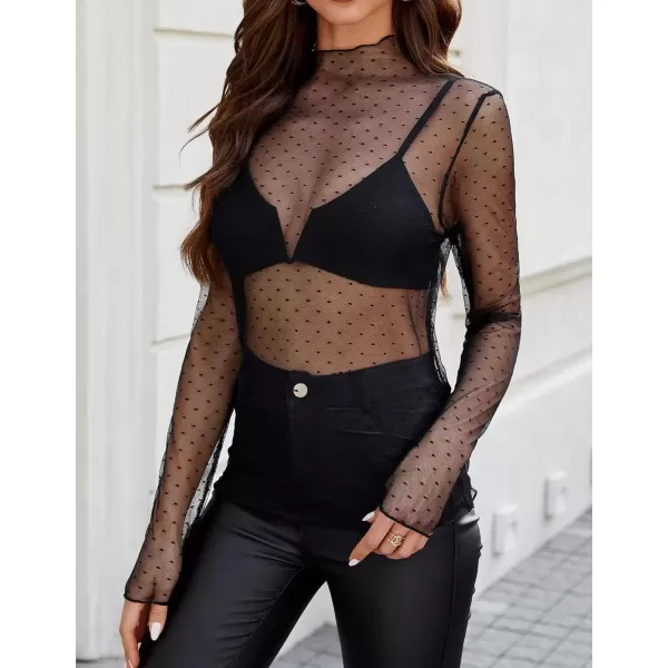 imageZESICA Womens Mesh Sheer Lace Top Long Sleeve Mock Neck See Through Polka Dot Slim Tee Shirt BlouseBlack