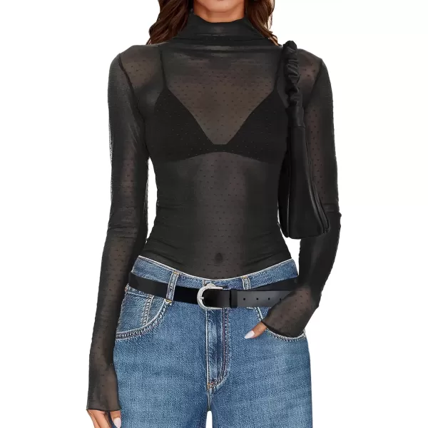 imageZESICA Womens Mesh Sheer Lace Top Long Sleeve Mock Neck See Through Polka Dot Slim Tee Shirt BlouseBlack