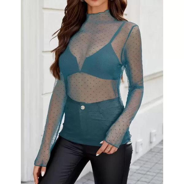 imageZESICA Womens Mesh Sheer Lace Top Long Sleeve Mock Neck See Through Polka Dot Slim Tee Shirt BlouseDarkblue