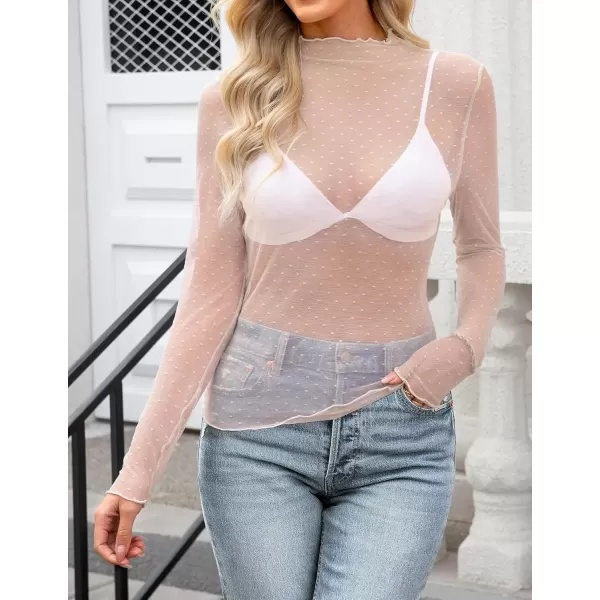 imageZESICA Womens Mesh Sheer Lace Top Long Sleeve Mock Neck See Through Polka Dot Slim Tee Shirt BlouseOrangepink