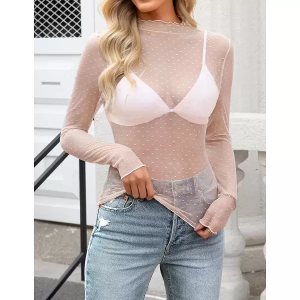 imageZESICA Womens Mesh Sheer Lace Top Long Sleeve Mock Neck See Through Polka Dot Slim Tee Shirt BlouseOrangepink