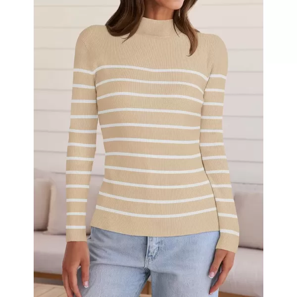 imageZESICA Womens Mock Neck Sweaters Business Casual Long Sleeve Striped Ribbed Knit TopsApricot