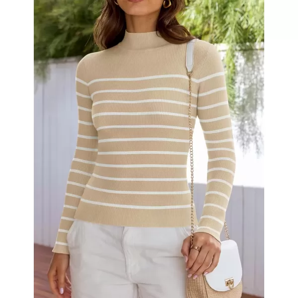imageZESICA Womens Mock Neck Sweaters Business Casual Long Sleeve Striped Ribbed Knit TopsApricot