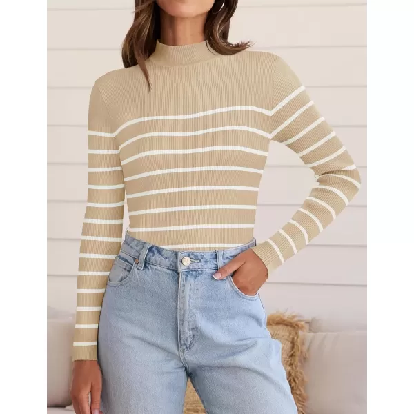 imageZESICA Womens Mock Neck Sweaters Business Casual Long Sleeve Striped Ribbed Knit TopsApricot
