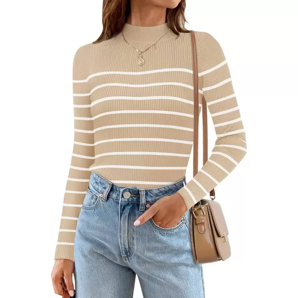 imageZESICA Womens Mock Neck Sweaters Business Casual Long Sleeve Striped Ribbed Knit TopsApricot