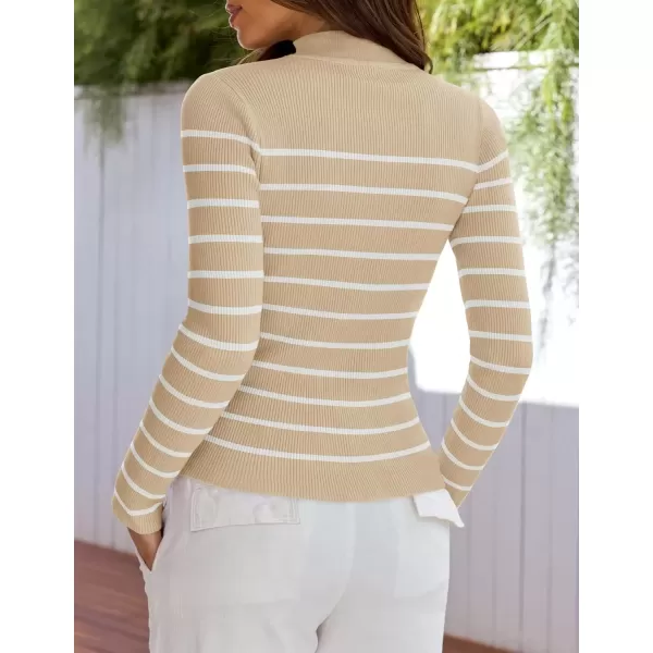 imageZESICA Womens Mock Neck Sweaters Business Casual Long Sleeve Striped Ribbed Knit TopsApricot