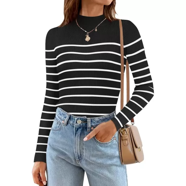 imageZESICA Womens Mock Neck Sweaters Business Casual Long Sleeve Striped Ribbed Knit TopsBlack