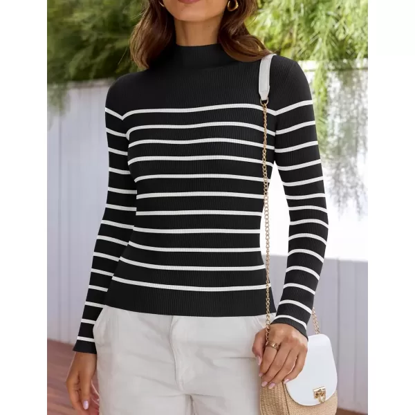imageZESICA Womens Mock Neck Sweaters Business Casual Long Sleeve Striped Ribbed Knit TopsBlack
