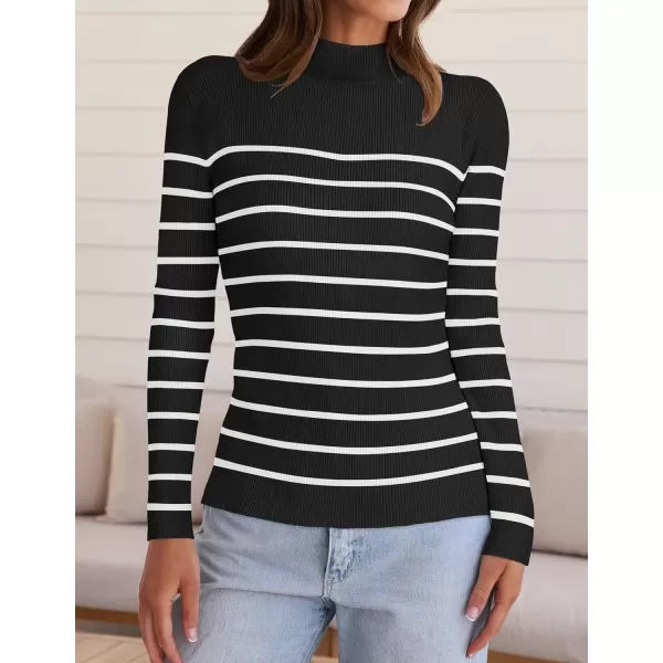 imageZESICA Womens Mock Neck Sweaters Business Casual Long Sleeve Striped Ribbed Knit TopsBlack