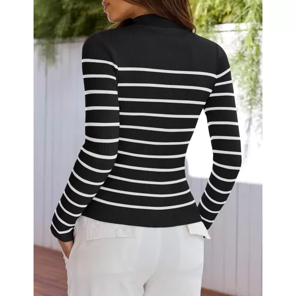 imageZESICA Womens Mock Neck Sweaters Business Casual Long Sleeve Striped Ribbed Knit TopsBlack