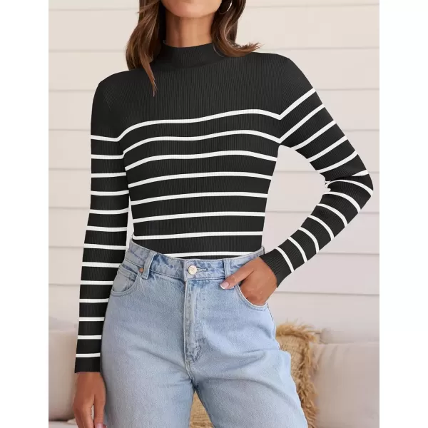 imageZESICA Womens Mock Neck Sweaters Business Casual Long Sleeve Striped Ribbed Knit TopsBlack