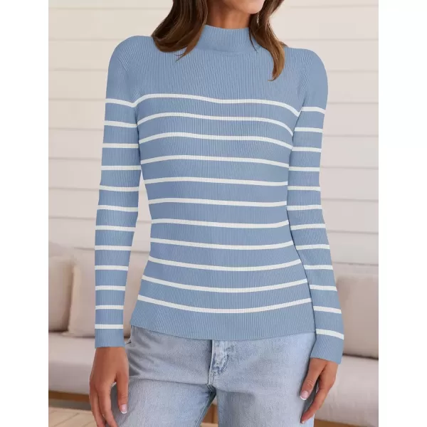 imageZESICA Womens Mock Neck Sweaters Business Casual Long Sleeve Striped Ribbed Knit TopsBlue