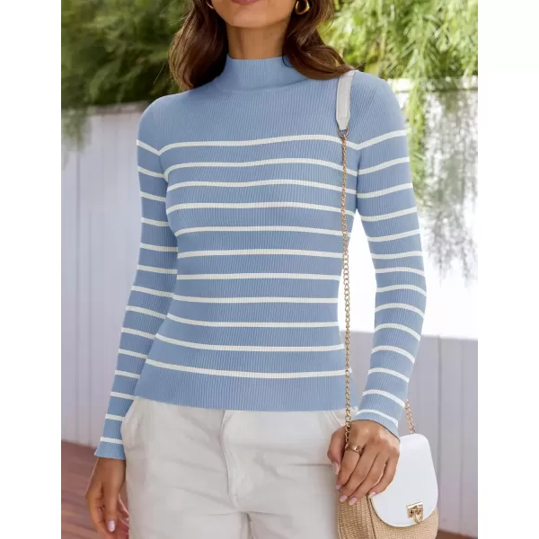 imageZESICA Womens Mock Neck Sweaters Business Casual Long Sleeve Striped Ribbed Knit TopsBlue