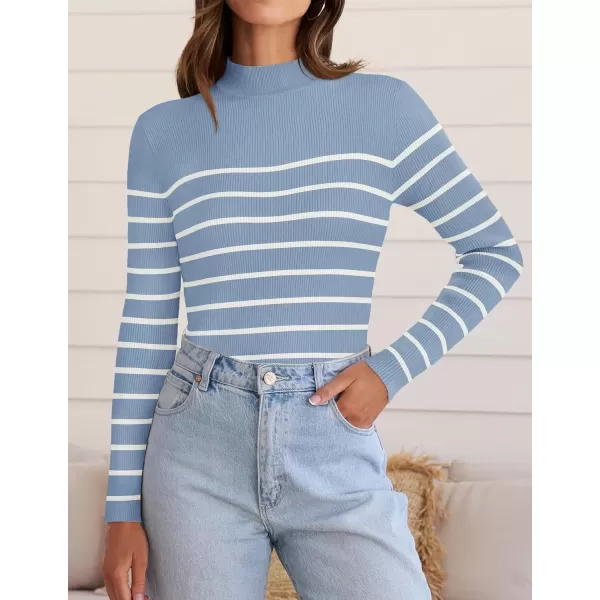 imageZESICA Womens Mock Neck Sweaters Business Casual Long Sleeve Striped Ribbed Knit TopsBlue