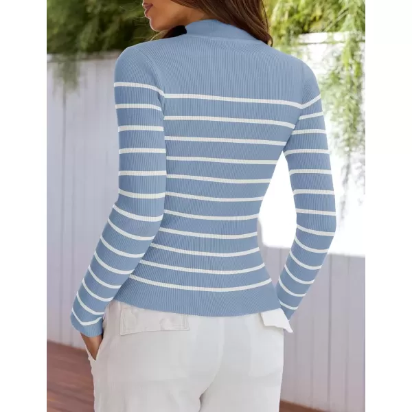 imageZESICA Womens Mock Neck Sweaters Business Casual Long Sleeve Striped Ribbed Knit TopsBlue