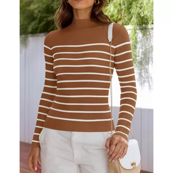 imageZESICA Womens Mock Neck Sweaters Business Casual Long Sleeve Striped Ribbed Knit TopsBrown