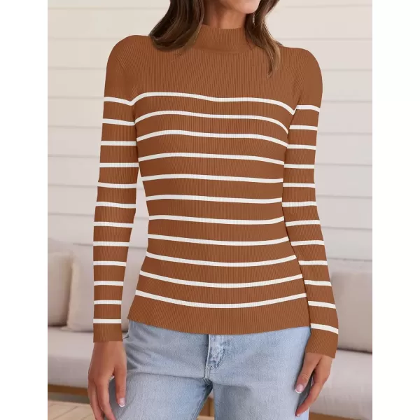 imageZESICA Womens Mock Neck Sweaters Business Casual Long Sleeve Striped Ribbed Knit TopsBrown