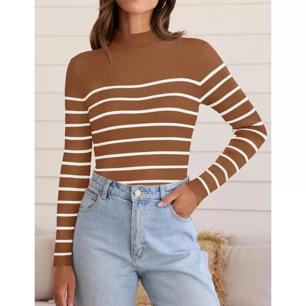 imageZESICA Womens Mock Neck Sweaters Business Casual Long Sleeve Striped Ribbed Knit TopsBrown