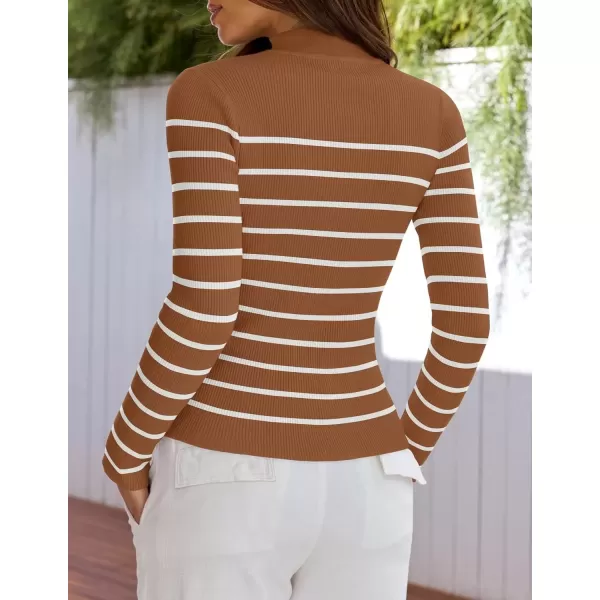 imageZESICA Womens Mock Neck Sweaters Business Casual Long Sleeve Striped Ribbed Knit TopsBrown