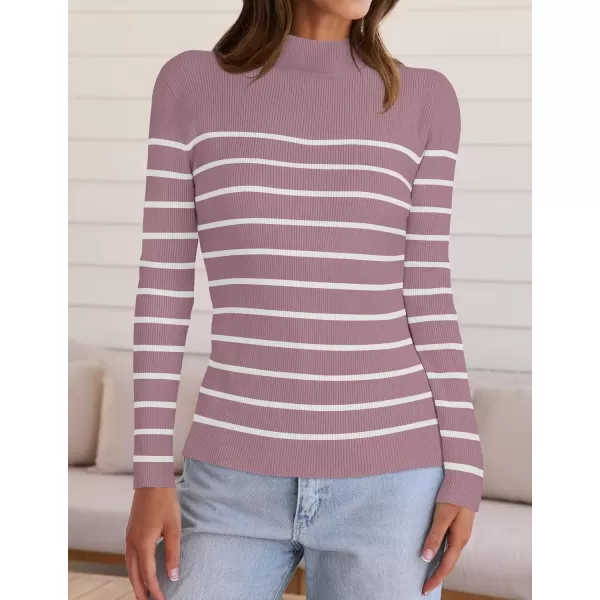 imageZESICA Womens Mock Neck Sweaters Business Casual Long Sleeve Striped Ribbed Knit TopsPurple