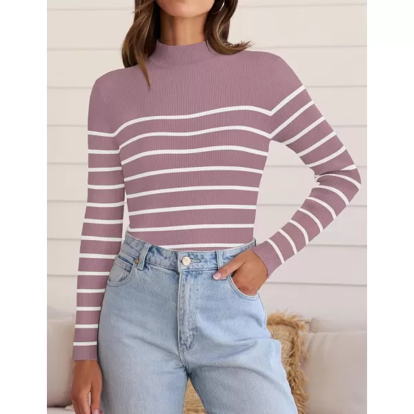 imageZESICA Womens Mock Neck Sweaters Business Casual Long Sleeve Striped Ribbed Knit TopsPurple