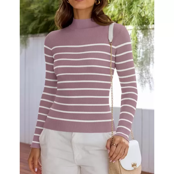 imageZESICA Womens Mock Neck Sweaters Business Casual Long Sleeve Striped Ribbed Knit TopsPurple