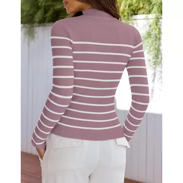 imageZESICA Womens Mock Neck Sweaters Business Casual Long Sleeve Striped Ribbed Knit TopsPurple