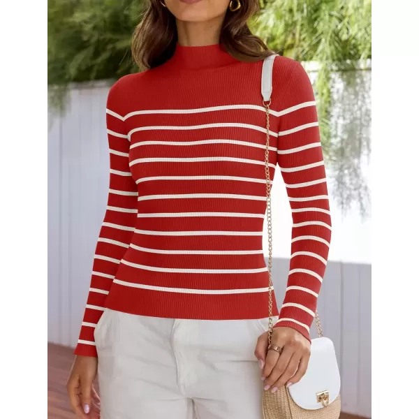 imageZESICA Womens Mock Neck Sweaters Business Casual Long Sleeve Striped Ribbed Knit TopsRed