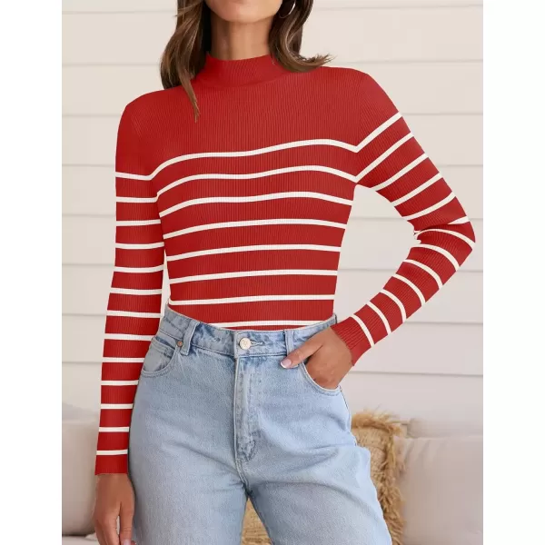 imageZESICA Womens Mock Neck Sweaters Business Casual Long Sleeve Striped Ribbed Knit TopsRed