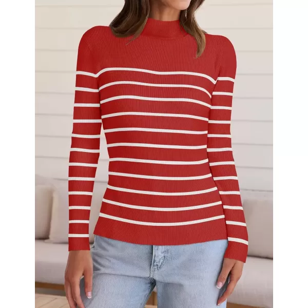 imageZESICA Womens Mock Neck Sweaters Business Casual Long Sleeve Striped Ribbed Knit TopsRed