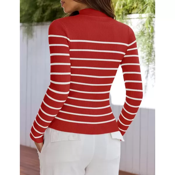 imageZESICA Womens Mock Neck Sweaters Business Casual Long Sleeve Striped Ribbed Knit TopsRed