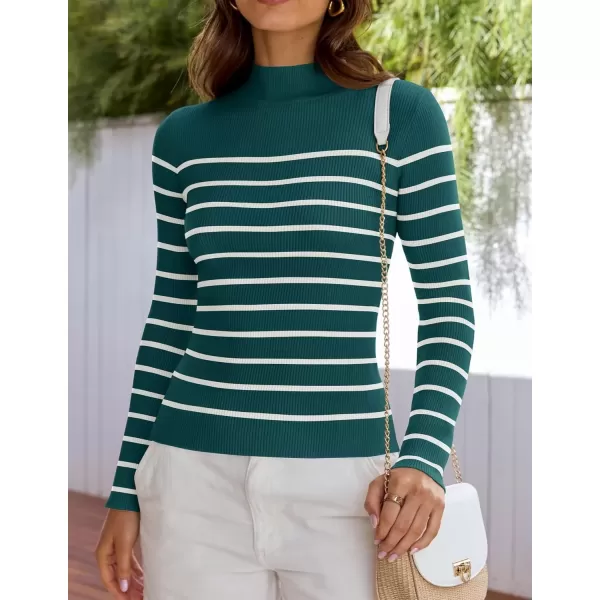 imageZESICA Womens Mock Neck Sweaters Business Casual Long Sleeve Striped Ribbed Knit TopsTeal