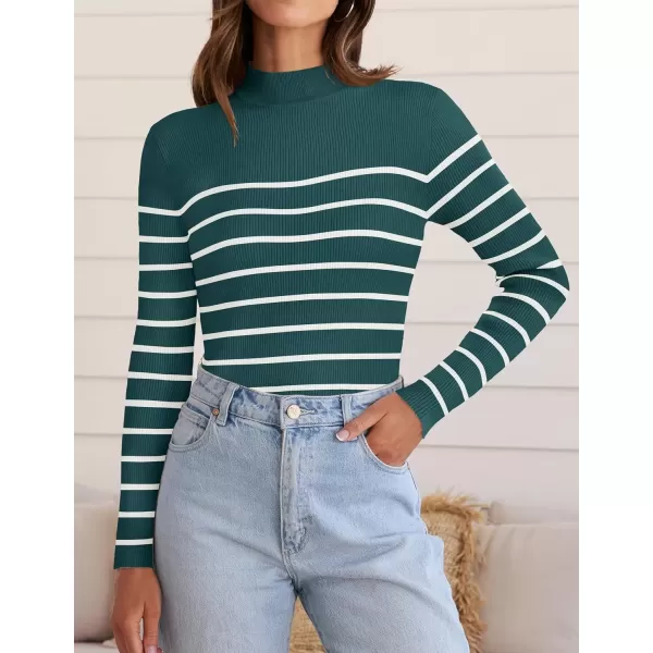 imageZESICA Womens Mock Neck Sweaters Business Casual Long Sleeve Striped Ribbed Knit TopsTeal