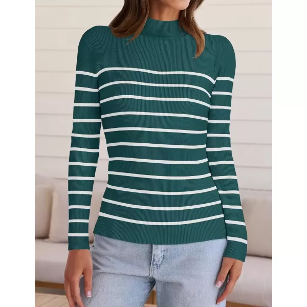 imageZESICA Womens Mock Neck Sweaters Business Casual Long Sleeve Striped Ribbed Knit TopsTeal