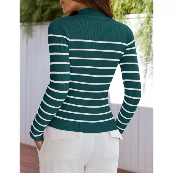 imageZESICA Womens Mock Neck Sweaters Business Casual Long Sleeve Striped Ribbed Knit TopsTeal