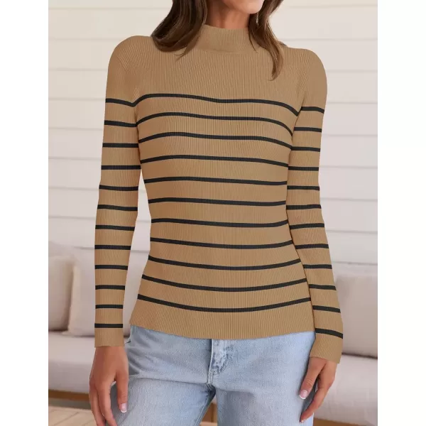 imageZESICA Womens Mock Neck Sweaters Business Casual Long Sleeve Striped Ribbed Knit TopsToffee
