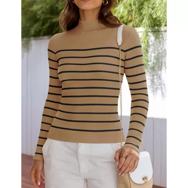 imageZESICA Womens Mock Neck Sweaters Business Casual Long Sleeve Striped Ribbed Knit TopsToffee