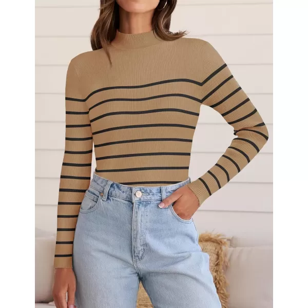 imageZESICA Womens Mock Neck Sweaters Business Casual Long Sleeve Striped Ribbed Knit TopsToffee