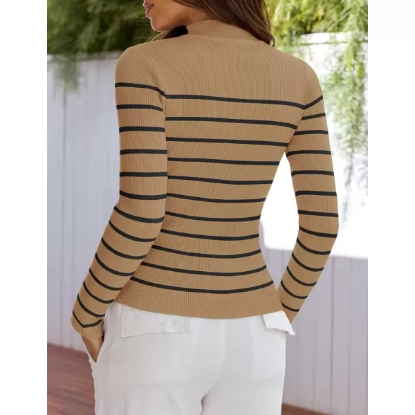 imageZESICA Womens Mock Neck Sweaters Business Casual Long Sleeve Striped Ribbed Knit TopsToffee