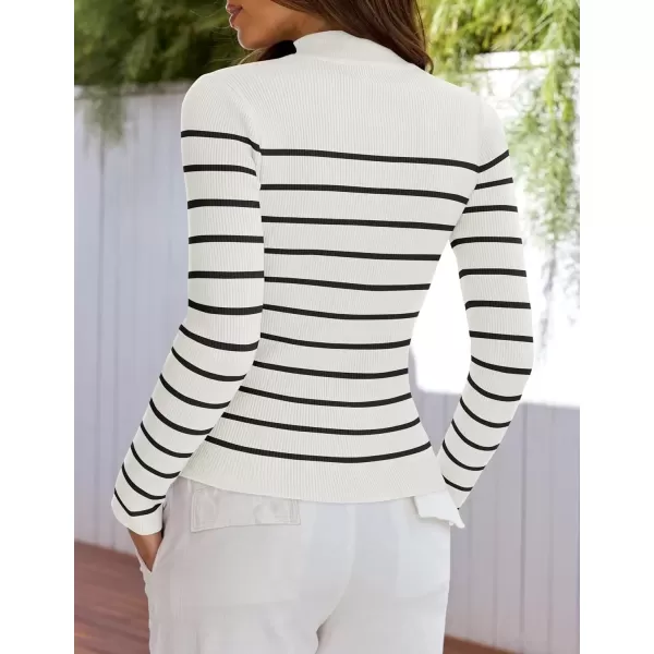 imageZESICA Womens Mock Neck Sweaters Business Casual Long Sleeve Striped Ribbed Knit TopsWhite
