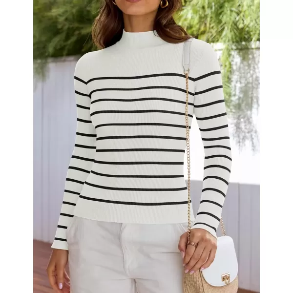 imageZESICA Womens Mock Neck Sweaters Business Casual Long Sleeve Striped Ribbed Knit TopsWhite