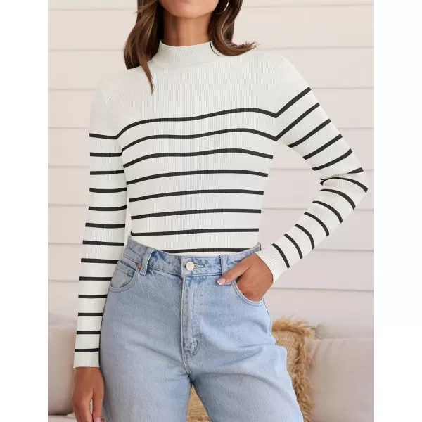 imageZESICA Womens Mock Neck Sweaters Business Casual Long Sleeve Striped Ribbed Knit TopsWhite