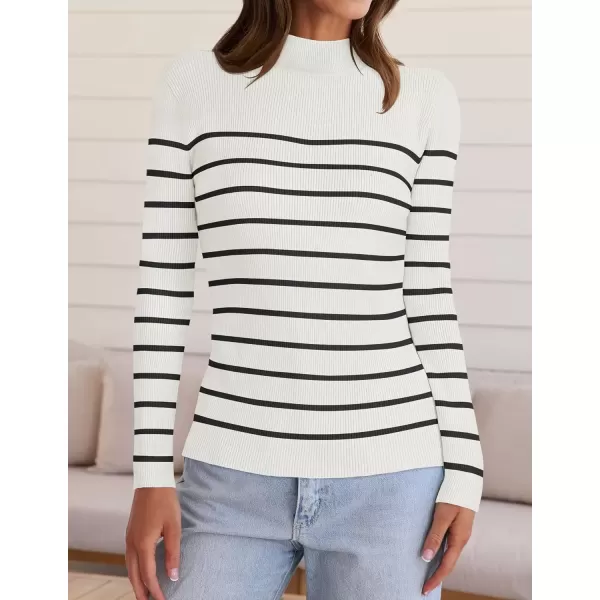imageZESICA Womens Mock Neck Sweaters Business Casual Long Sleeve Striped Ribbed Knit TopsWhite