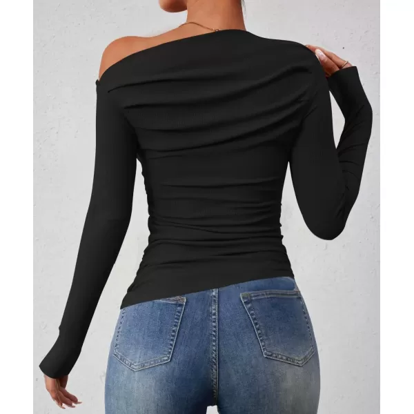 imageZESICA Womens Off The Shoulder Long Sleeve Tops 2024 Casual Ruched Slim Fitted Solid Color Basic Tee Shirts Fall OutfitsBlack