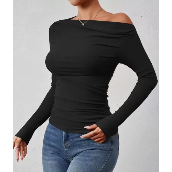 imageZESICA Womens Off The Shoulder Long Sleeve Tops 2024 Casual Ruched Slim Fitted Solid Color Basic Tee Shirts Fall OutfitsBlack